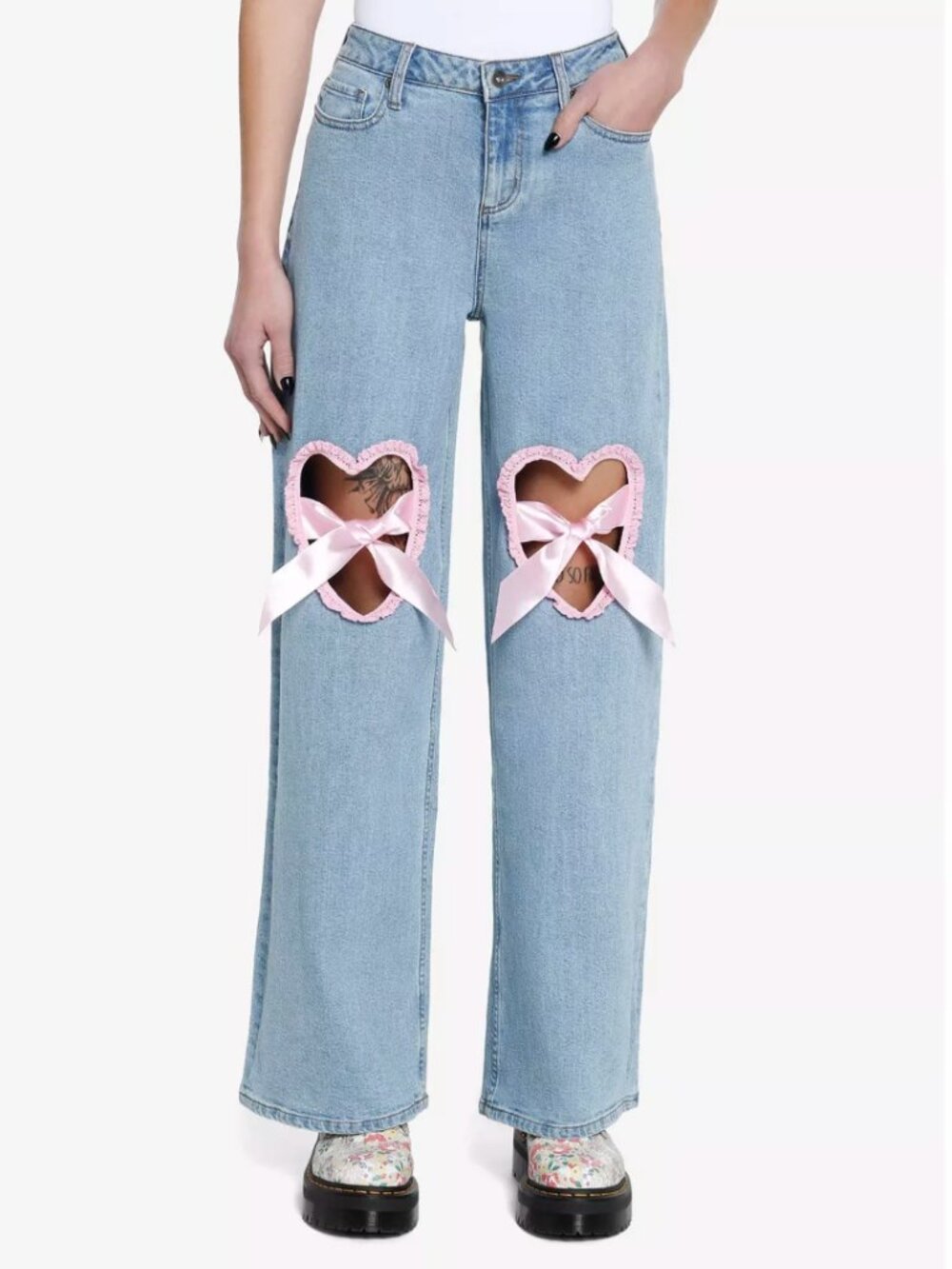 Hot Topic Coquette Pink Ribbon Ruffle Heart Bow Wide Leg Jeans size 11